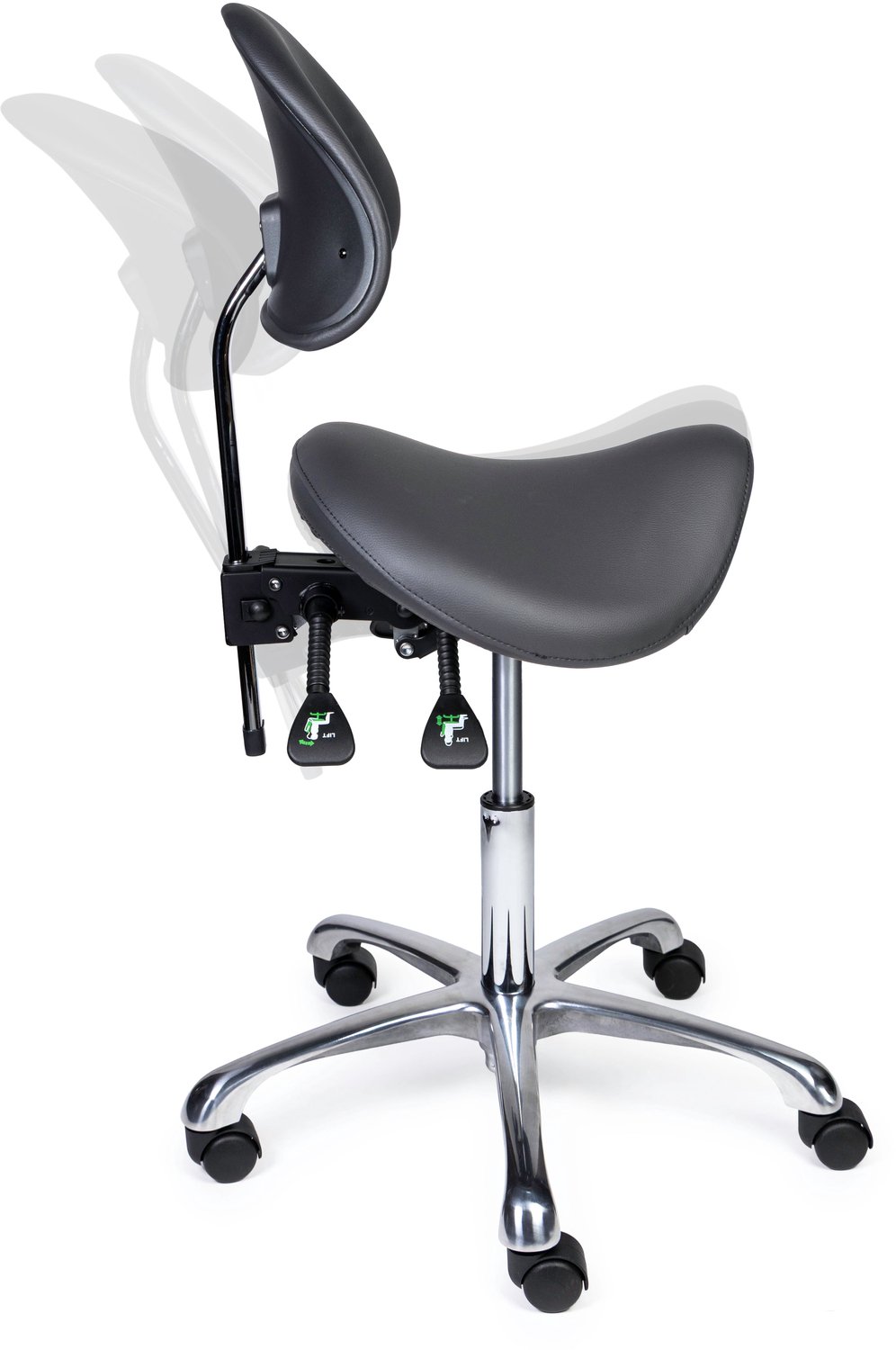 Ergonomische Zadelkruk met Rugleuning Premium Grijs op Wielen Hoge uitvoering (70-84cm) / Met voetensteun / Standaard wielen