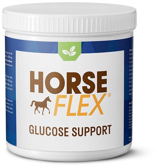 Witte pot met HorseFlex Glucose Support logo en tekst. Groene en bruine letters.