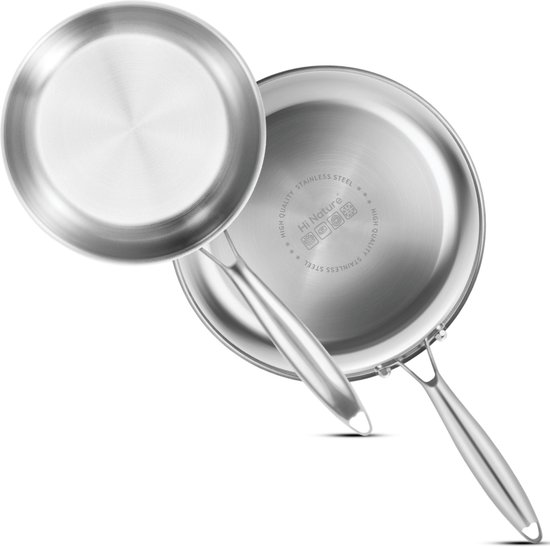 HI NATURE™ Koekenpannenset - Pannenset van 2 - Duurzaam Koekenpan 2-Delig - RVS - Ø 20 & 26 cm - Anti-aanbaklaag - Inductie & Alle Warmtebronnen - Premium Roestvrij Staal - Zilver