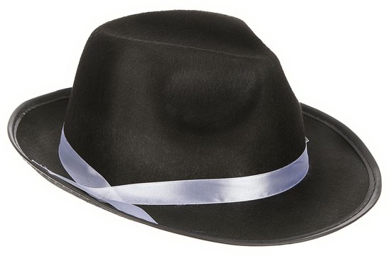 Zwarte fedora met grijze lint en zwarte rand.