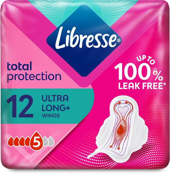 Verpakking Libresse maandverband met 12 stuks, ultra long+ vleugels, totale bescherming.