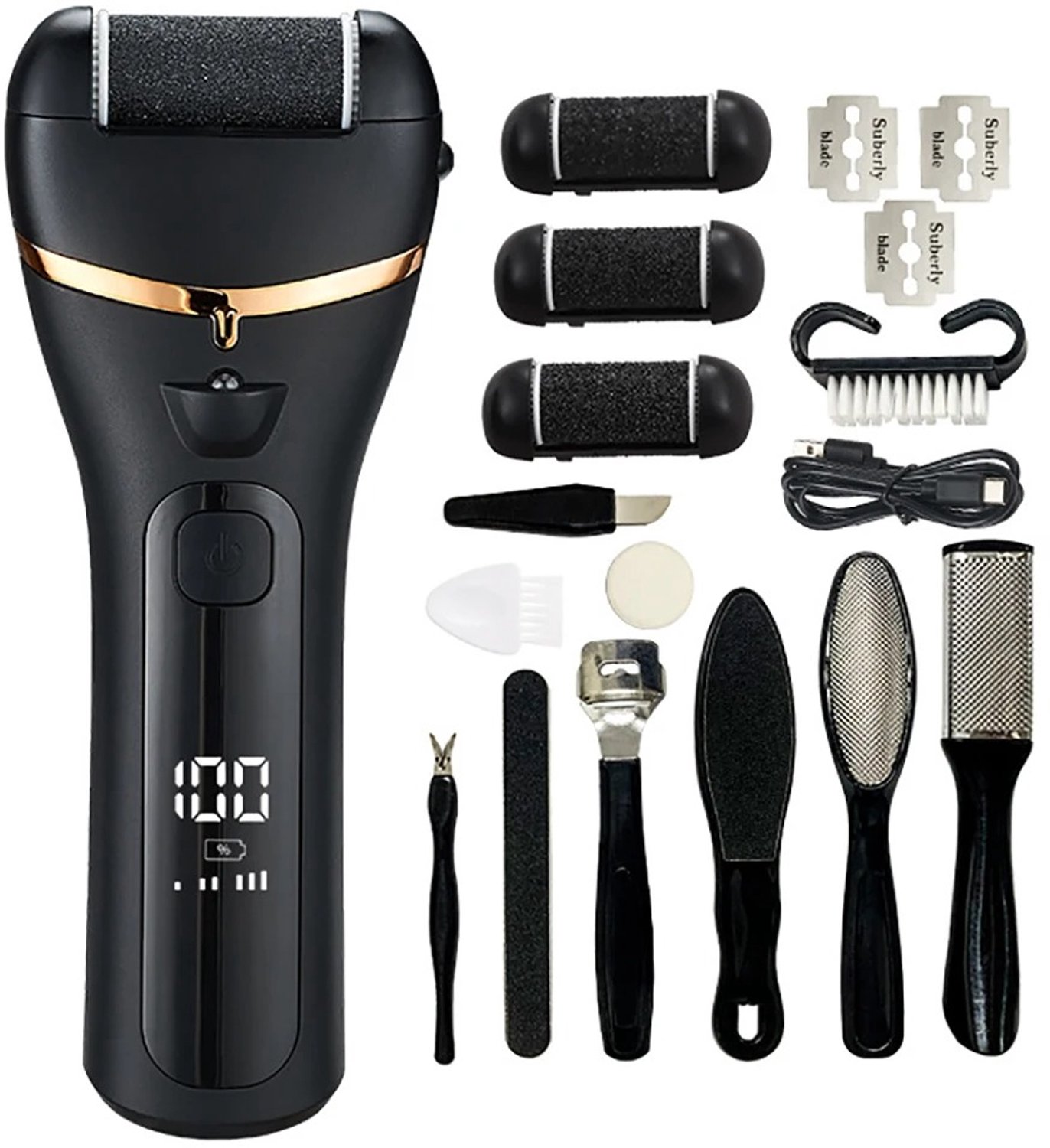 Cherrys Finds - Elektrische Voetvijl - Voet Scrubber Pedicure Set - Dode Huid Verwijderen - Met LED Verlichting - Elektrische Eeltverwijderaar - Professionele Voetvijl - Verstelbare Snelheden - Oplaadbare Hiel-Scrubber Voor Dode Huidcellen - Zwart