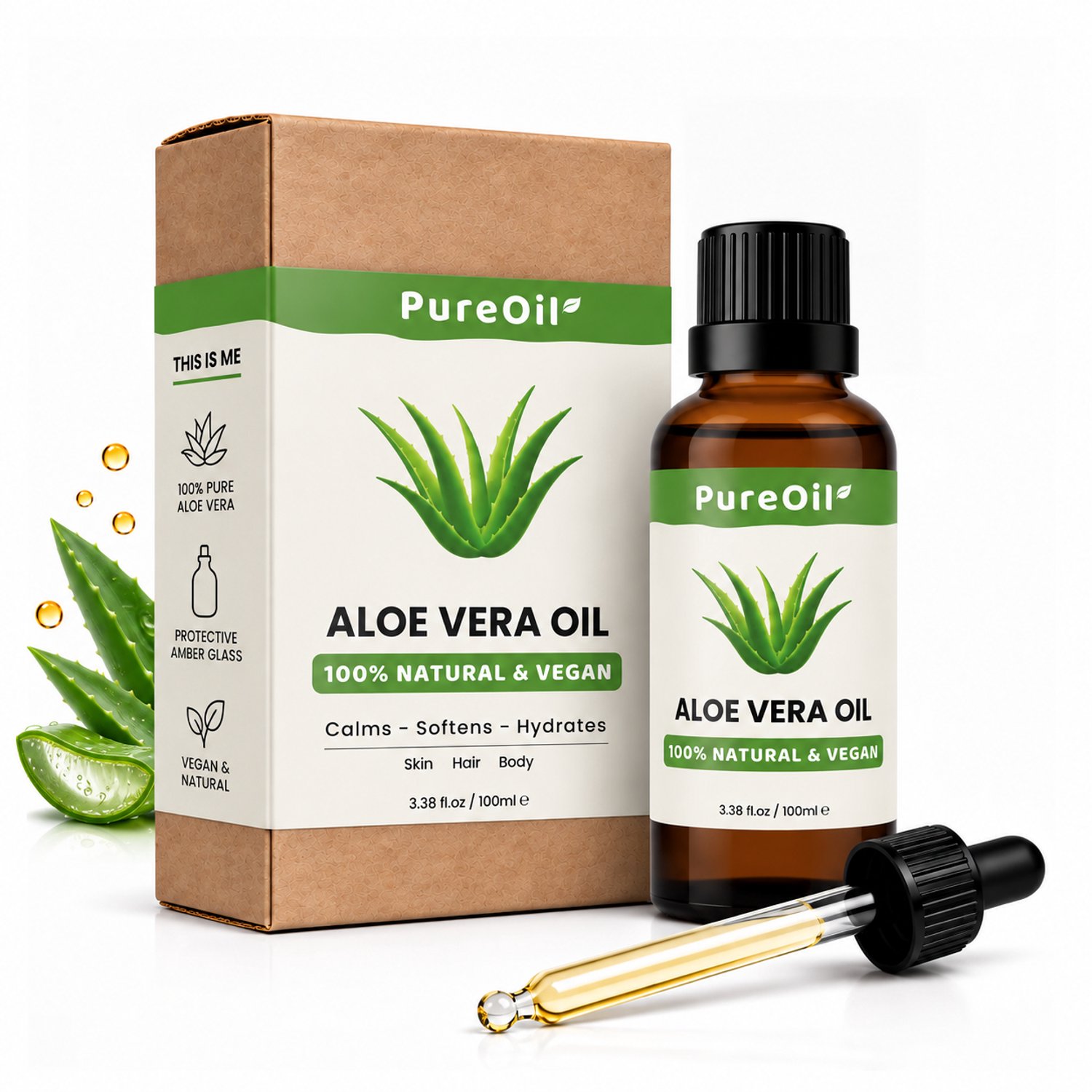 PureOil - Aloe Vera Olie - 100ml - 100% Natuurlijk & Vegan - Voor Haar | Huid | Gezicht | Scalp | Nagels - Hydraterend - Massage Olie