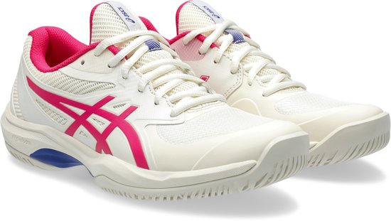 Set crèmekleurige tennisschoenen met felroze voering, veters en zijkantlogo's.