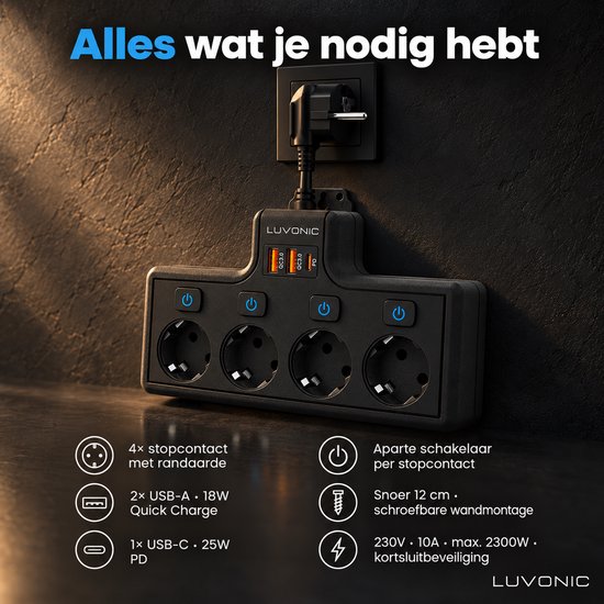 Zwarte Luvonic stekkerdoos met 4 stopcontacten, 2 USB-A en 1 USB-C poort. Iconen tonen specificaties.