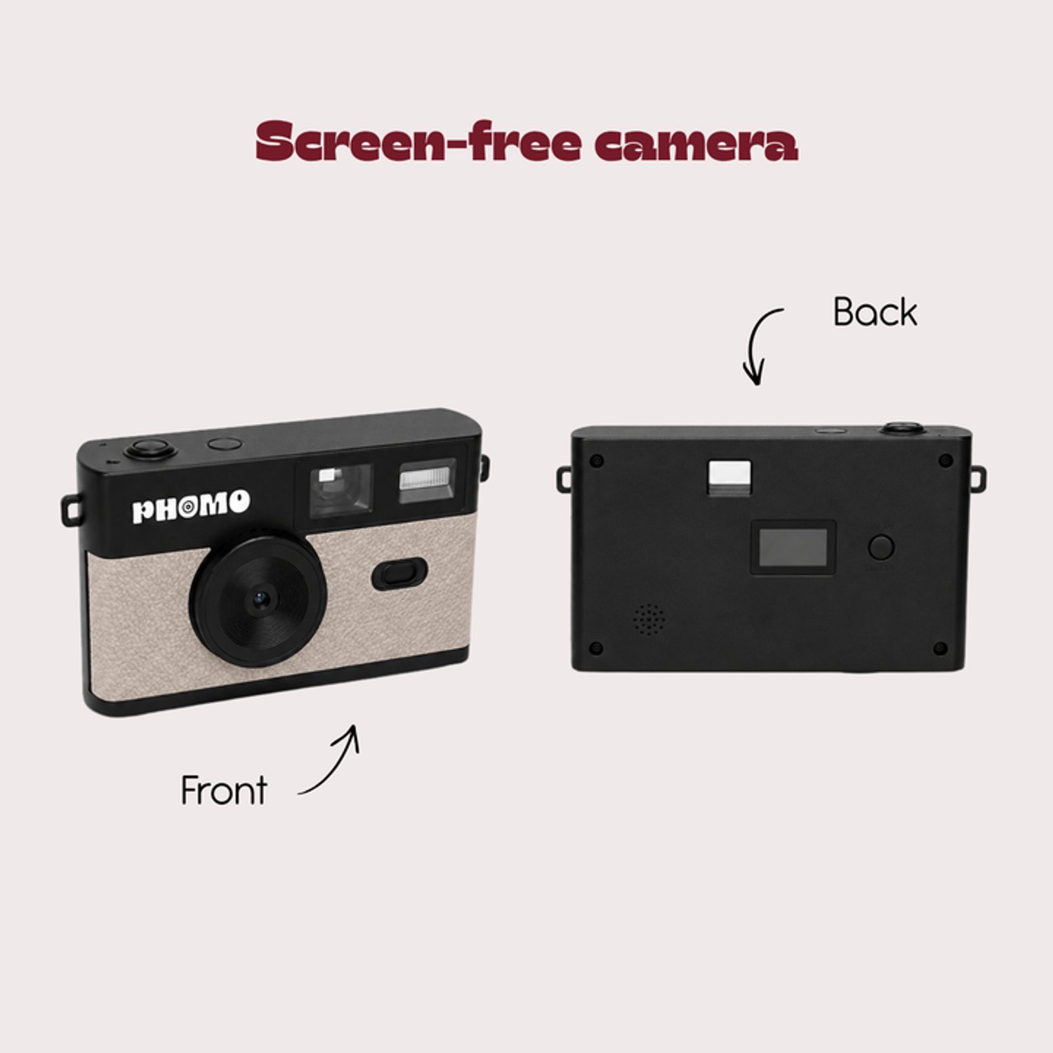 Phomo Digitale Retro Camera -Compact Camera - 8MP - 4 Retrofilters - Flits - SD-kaart - USB-C - Taupe thumbnail 2