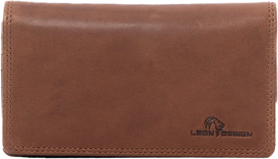 Bruine leren portemonnee, 16cm breed, 9cm hoog, 2cm diep, met LeonDesign logo.