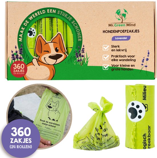 Lichtgroene poepzakjes met cartoonhondje, 360 stuks in 24 rollen. Met lavendeldecoratie en tekst 'Maak de wereld een stukje schoner'.