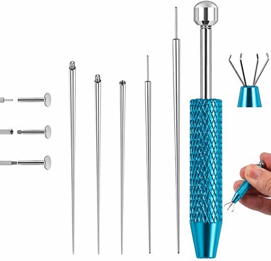 Ensemble d'outils de piercing avec manche bleu et diverses pointes et pinces métalliques.