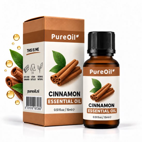 PureOil kaneel etherische olie 15ml flesje met doosje. Met kaneelstokjes en groene blaadjes.