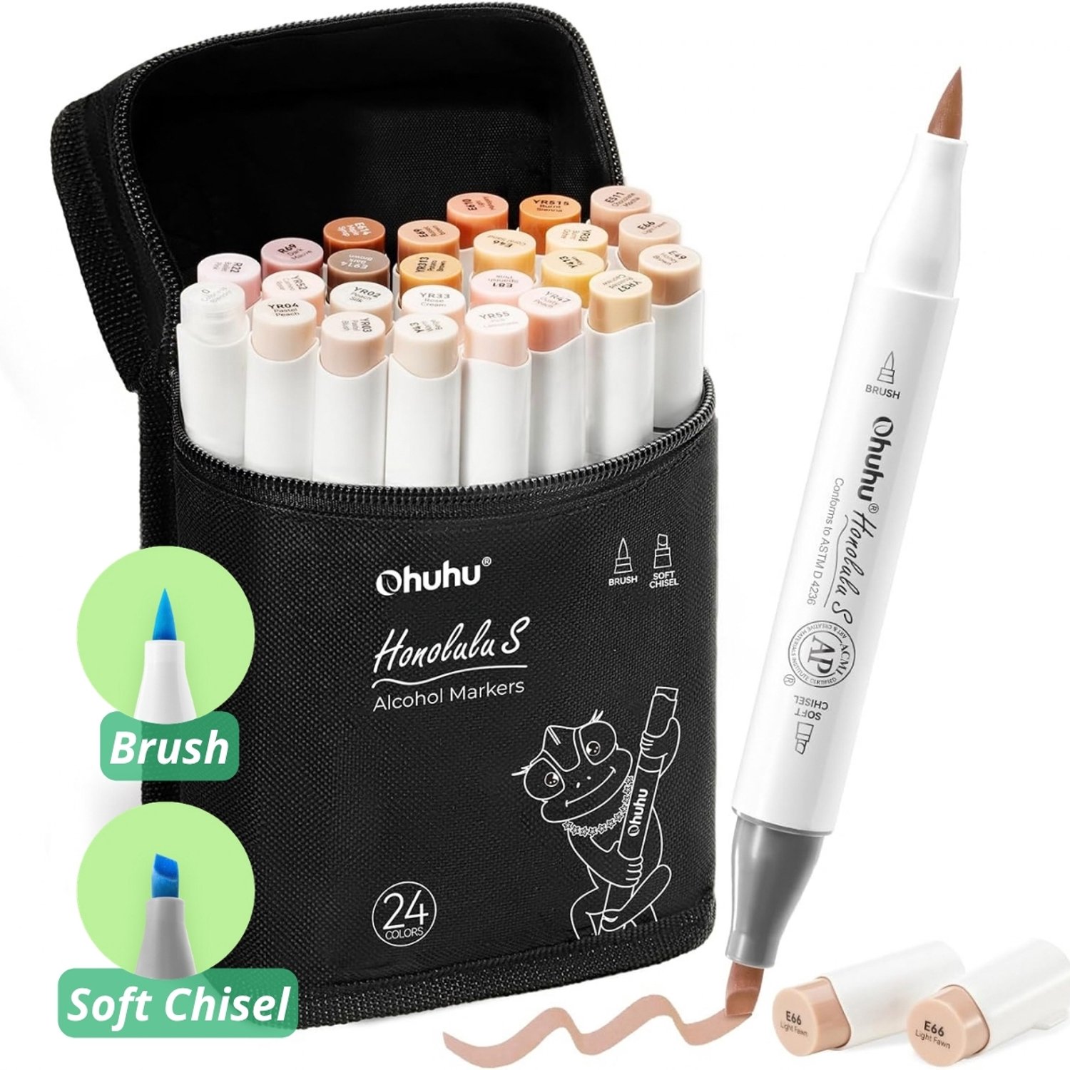Ohuhu - Honolulu S Brush & Soft Chisel - Alcohol Art Markers - 24 Skin Tone kleuren