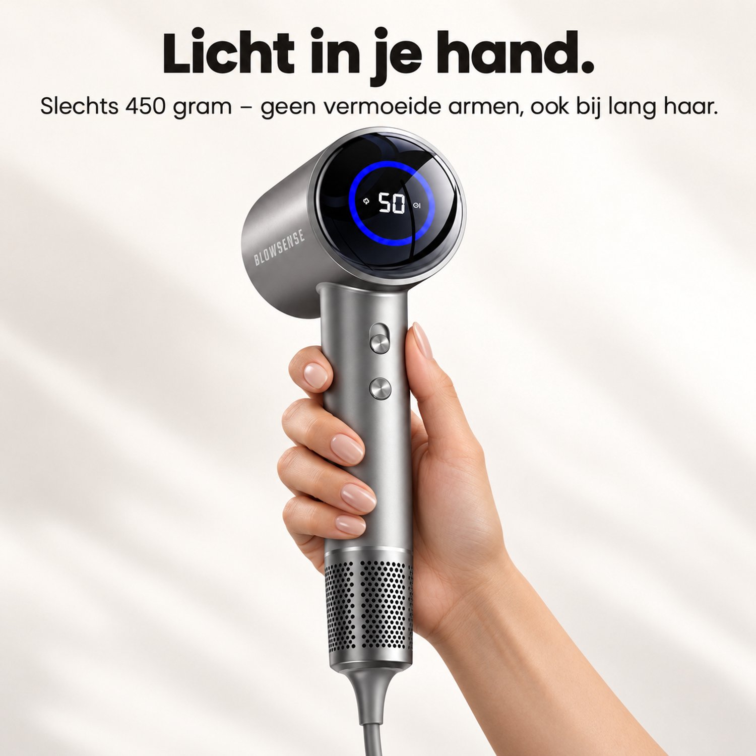 BlowSense® AirGlide - Föhn met Diffuser en Concentrator - LED Scherm - Haardroger met Ionentechnologie - 3 Magnetische Opzetstukken - Inclusief Magnetisch Ophangsysteem - Luxe Cadeauverpakking - Platina Grijs - 2026 Model thumbnail 6