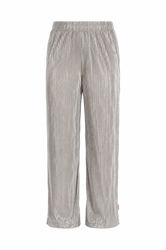 Zilverkleurige geplooide broek met wijde pijpen en elastische tailleband, voorzien van een klein B.Nosy label.