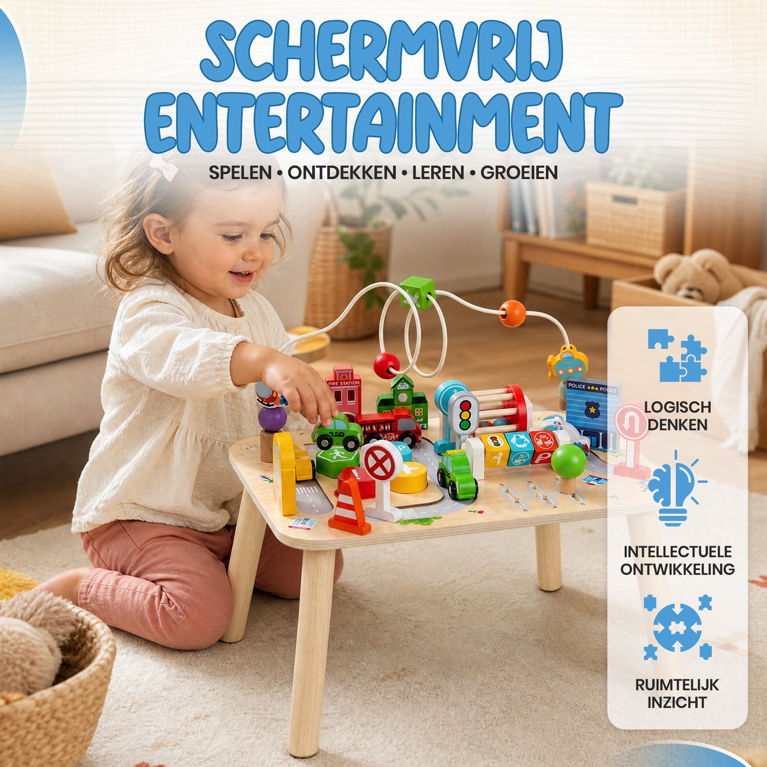 Activiteiten Tafel – Houten Speeltafel Peuter – Montessori Speelgoed – Speelgoed Auto’s met Gebouwen & Verkeersborden – Educatief Speelgoed 1, 2 & 3 Jaar — afbeelding 3