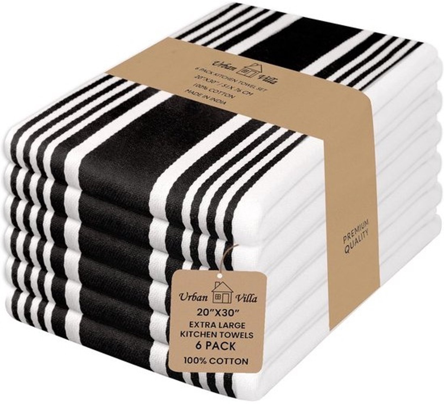 Set van 6 Keukenhanddoeken Katoen Zwart Wit Gestreept Zeer Absorberend