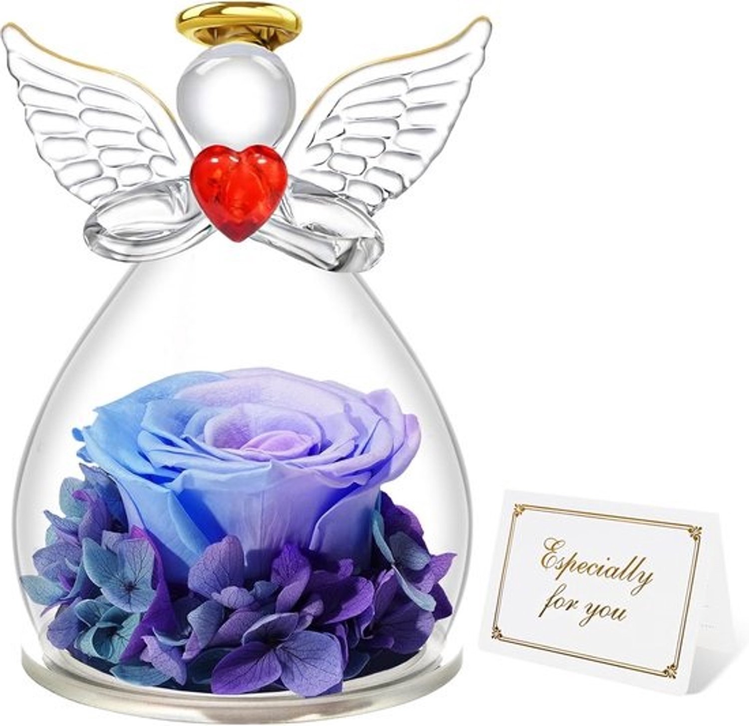 Eeuwige Roos Engel - Gedroogde Bloem Decoratie - Romantisch Cadeau - Handgemaakt Uniek Stuk - Glazen Terrarium - Blauw Paars