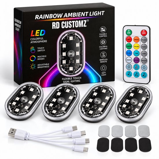 RD Customz autoverlichting, 4 RGB LED lampen met afstandsbediening en USB-C kabel, in verpakking.