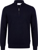 Marineblauwe trui met kwartrits, cashmere blend, merk Vercate, maat M, zwarte achtergrond.