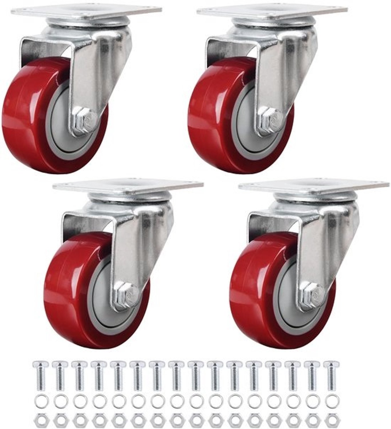 Zwenkwielen Set - Zware Plaatwielen - Meubels Verplaatsen - Polyurethaan Draaglaag - 3 Inch Diameter - Rood
