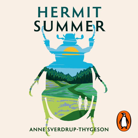 Boekomslag Hermit Summer van Anne Sverdrup-Thygeson met een keversilhouet gevuld met een zomers landschap en twee personen.