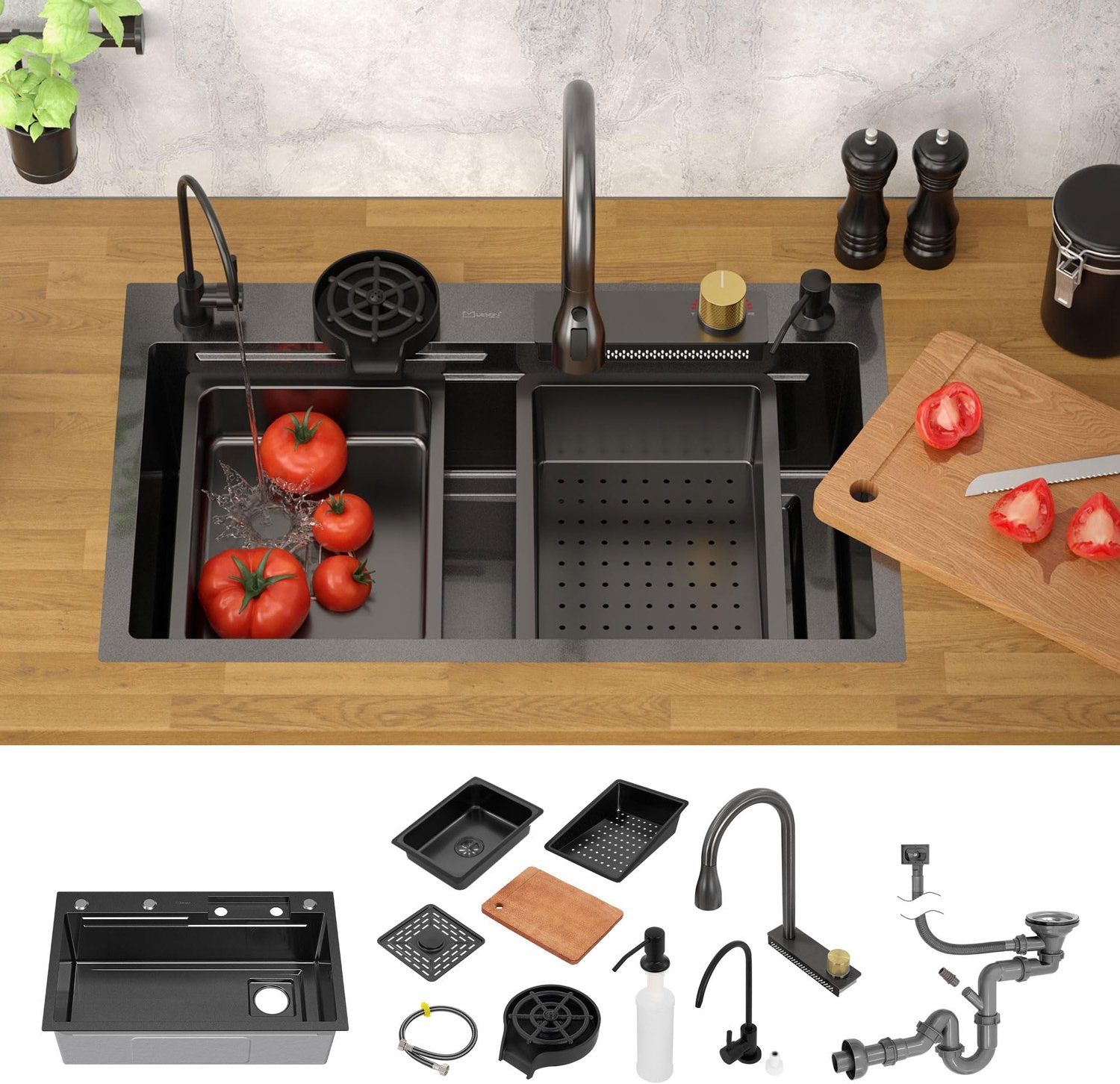 ML-Design spoelbak RVS 75x46 cm antraciet, multifunctionele keuken spoelbak rechthoekig, waterval RVS spoelbak, inbouw spoelbak met uittrekbare kraan