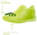 Illustratie van een groene sneaker met pijlen die flexibiliteit en drukontlasting aanduiden.