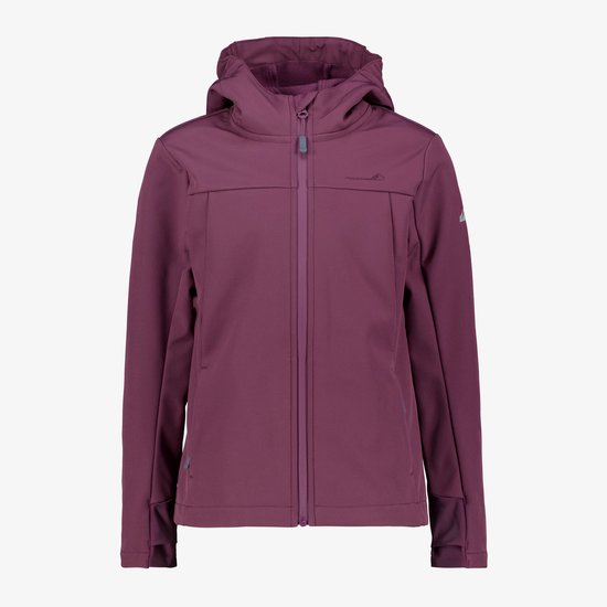 Veste softshell Mountain Peak aubergine avec capuche, fermeture éclair et logo sur la poitrine.