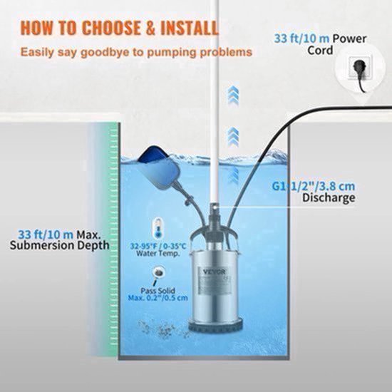 Vevor - Waterpomp - Rioolpomp - Dompelpomp - Schoonwaterpomp - Voor het pompen van water uit zwembaden - 9500L/H b - 550W - Zilver — afbeelding 4
