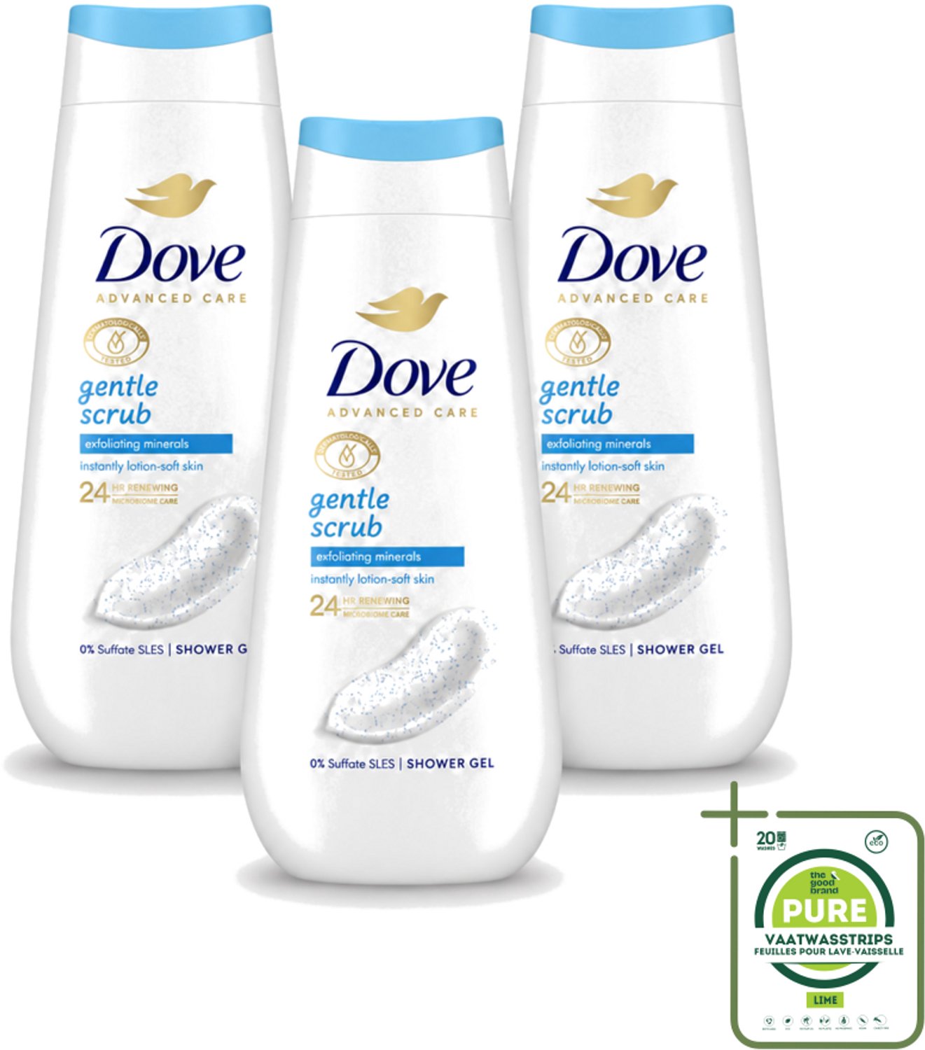 3 x Dove – Douchegel – Advanced Care Gentle Scrub – 225 ml - Grootverpakking - Vaatwasstrips - Douchegel - Exfoliatie - Huidverzorging - Zachte Douchegel - Schuim