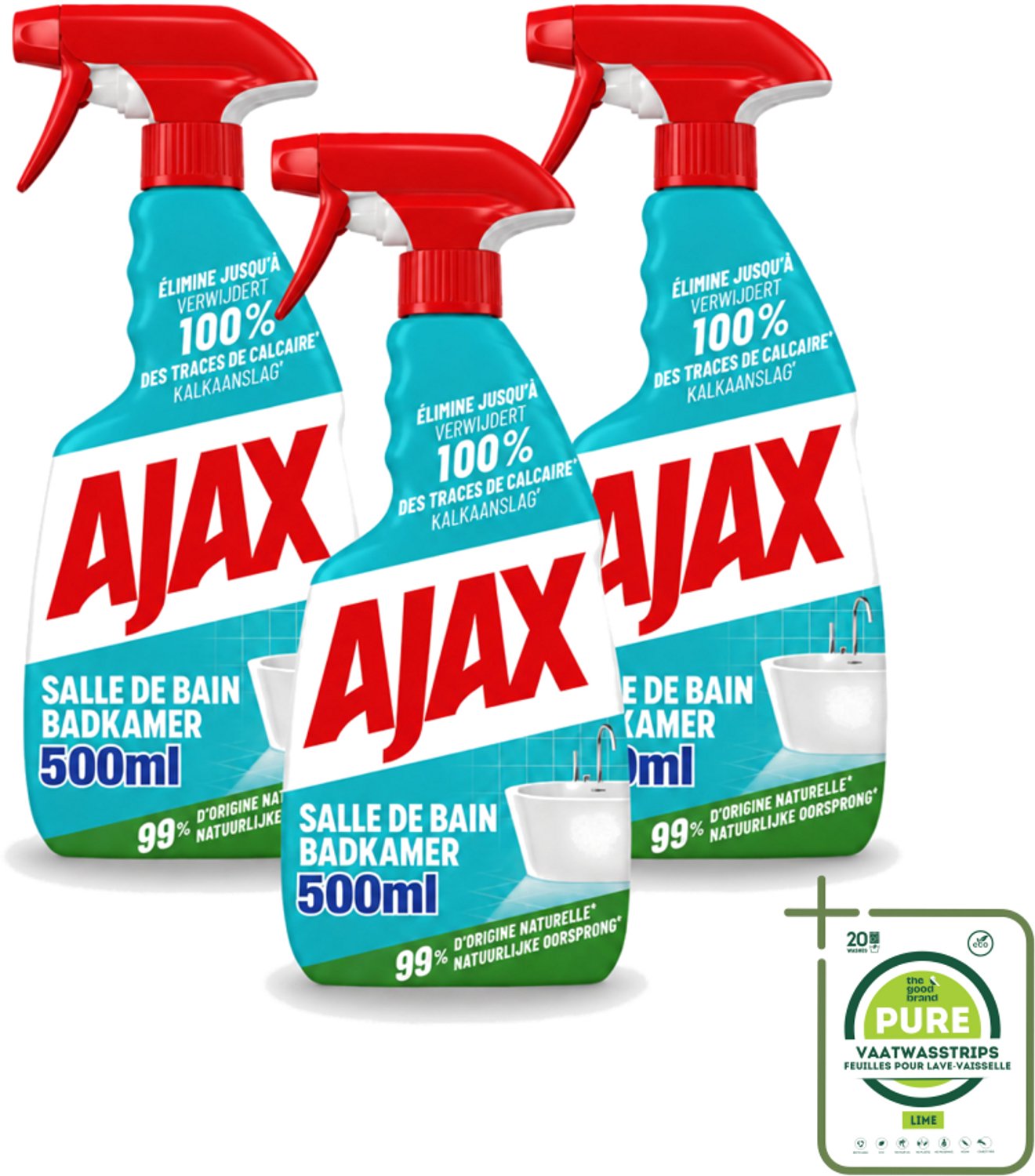 3 x Ajax – Badkamer Spray – 500 ml - Grootverpakking - Vaatwasstrips - Badkamer Reinigen - Kalk Verwijderen - Zeepresten Verwijderen - Badkamer Schoonmaken - Anti-kalk Spray