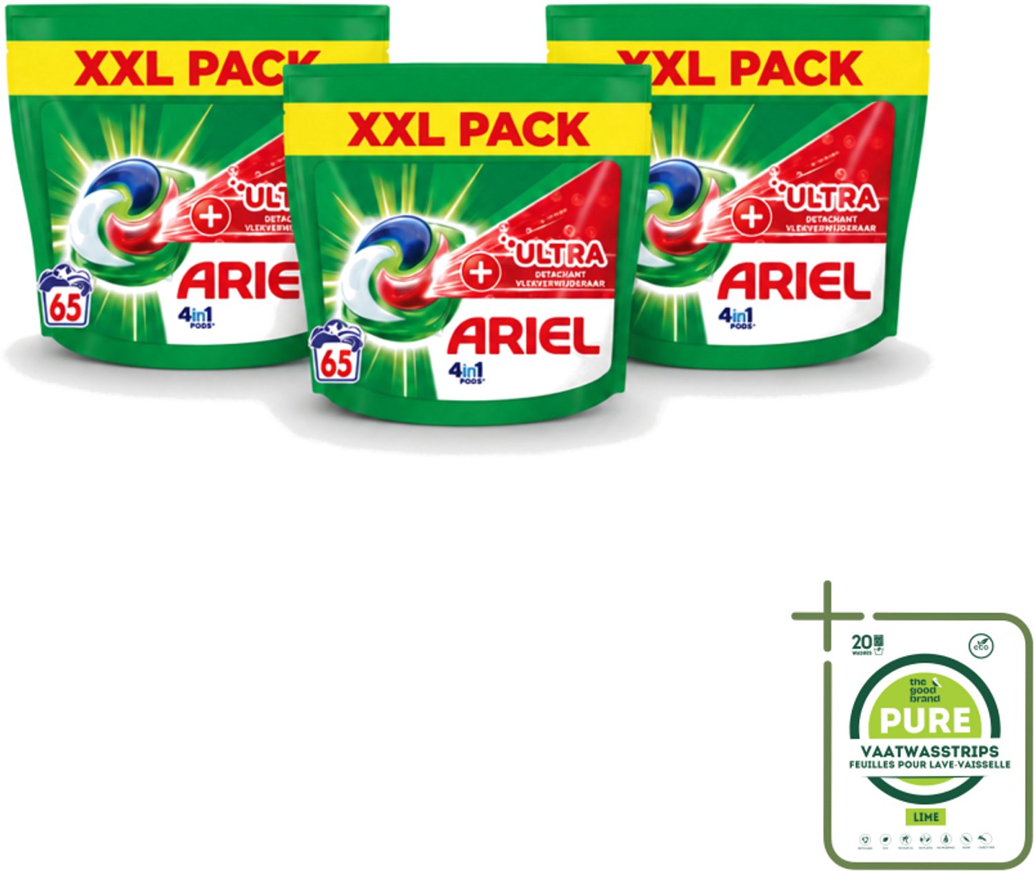 3 x Ariel – 4in1 Pods – Ultra Vlekverwijderaar – 65 wasbeurten - Grootverpakking - Vaatwasstrips - Vlekverwijderaar Wasmiddel - Krachtige Waspods - Ariel 4in1 Pods - Ultra Vlekverwijdering - Ingedroogde Vlekken