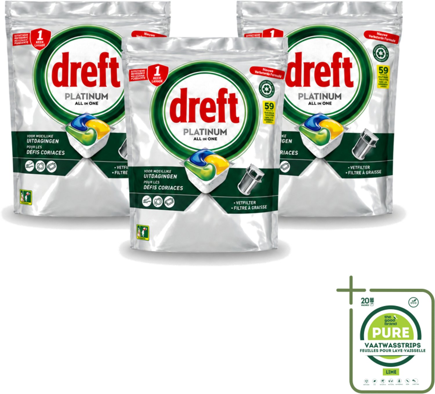 3 x Dreft – Vaatwastabletten – All-in-One Platinum – Lemon – 59 Tabletten - Grootverpakking - Vaatwastabletten - Vaatwasser - Vetverwijderen - Glasbescherming - Citroengeur