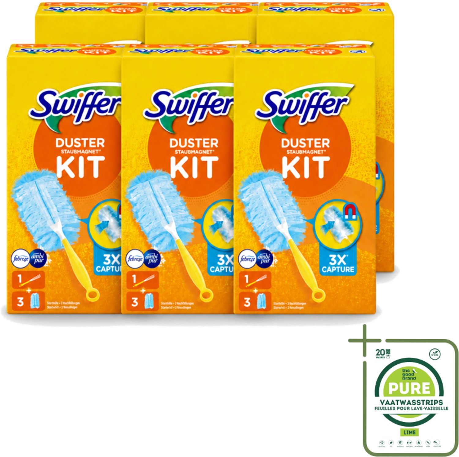6 x Swiffer – Starterkit + 3 Navullingen – Met Febreze - Grootverpakking - Vaatwasstrips - Stofvrij Maken - Stof Opvangen - Stofdoek - Stof Opvangen - Stof Opvangen
