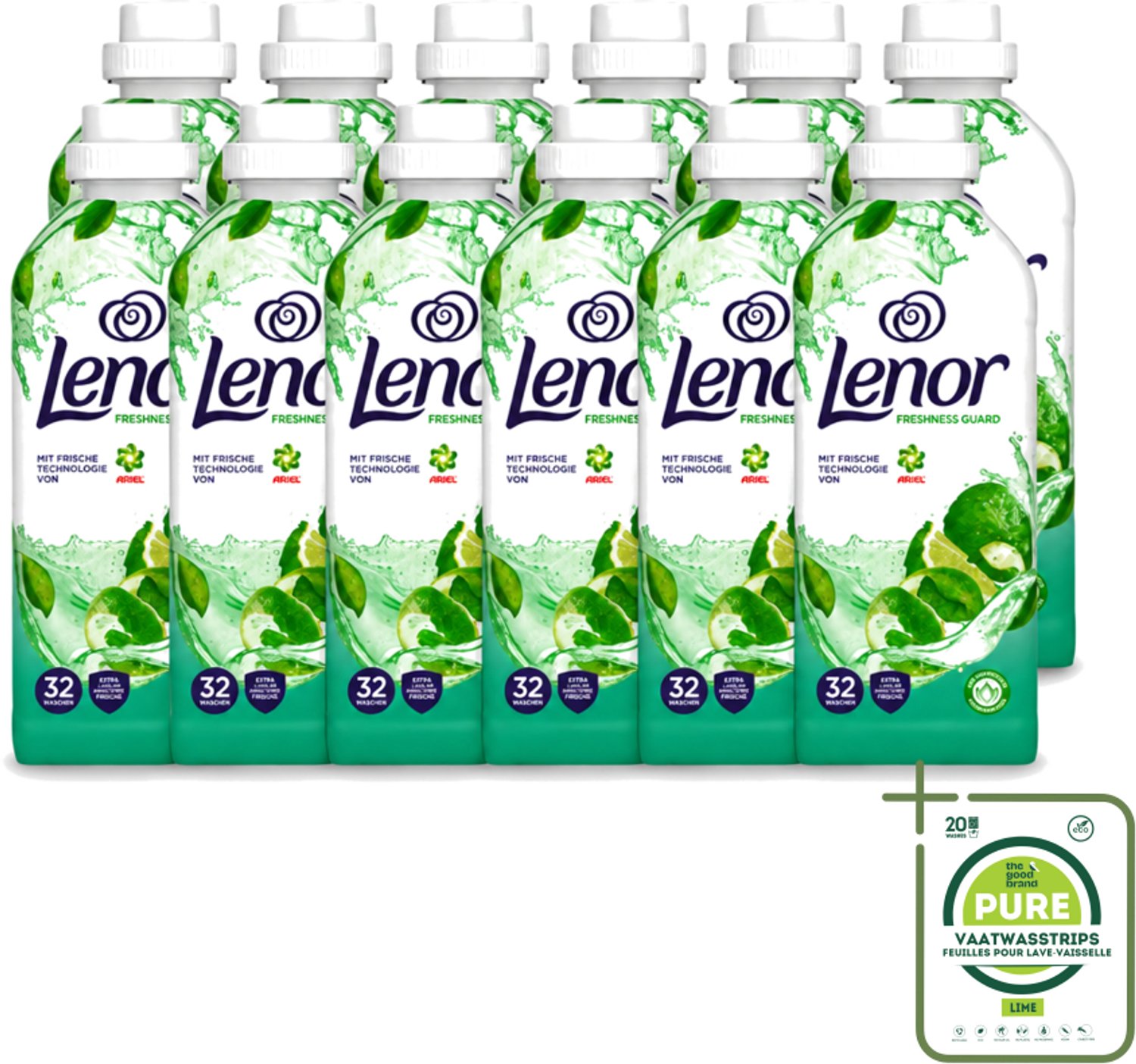 12 x Lenor – Wasverzachter – Freshness Guard – 32 Wasbeurten – 800 ml - Grootverpakking - Vaatwasstrips - Wasverzachter - Frisheid - Geur - Geurprofiel - Geurtjes