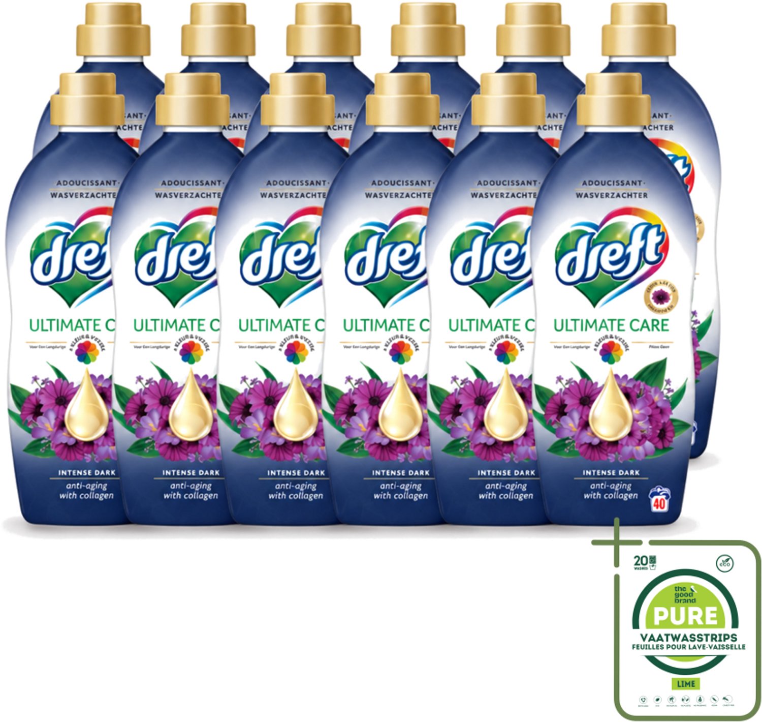 12 x Dreft – Wasverzachter – Ultimate Care Intense Dark – 40 Wasbeurten - Grootverpakking - Vaatwasstrips - Wasverzachter - Kleurbescherming - Collageen - Wasgoed Verzorgen - Anti-aging Was