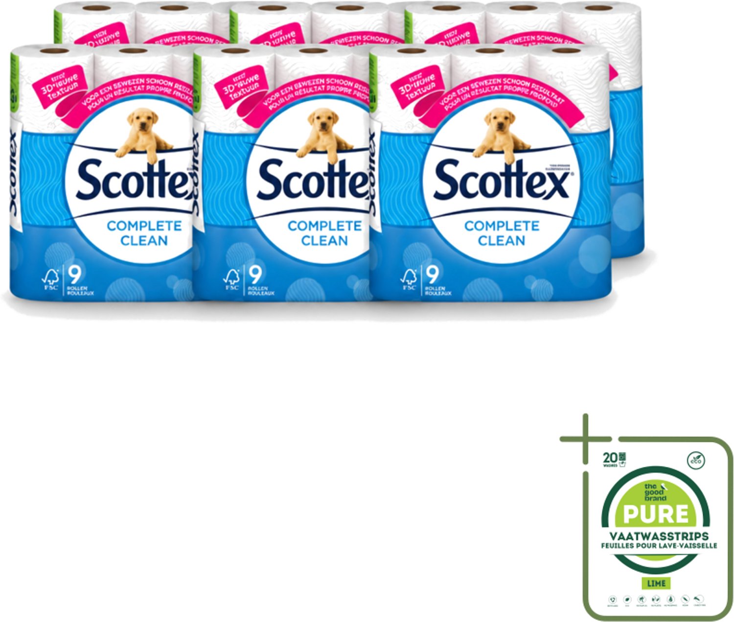 6 x Page Scottex – Toiletpapier – Complete Clean 2-laags – 9 rollen - Grootverpakking - Vaatwasstrips - Toiletpapier - Schone Reiniging - 3D Wave™ - Extra Zacht - 2-laags