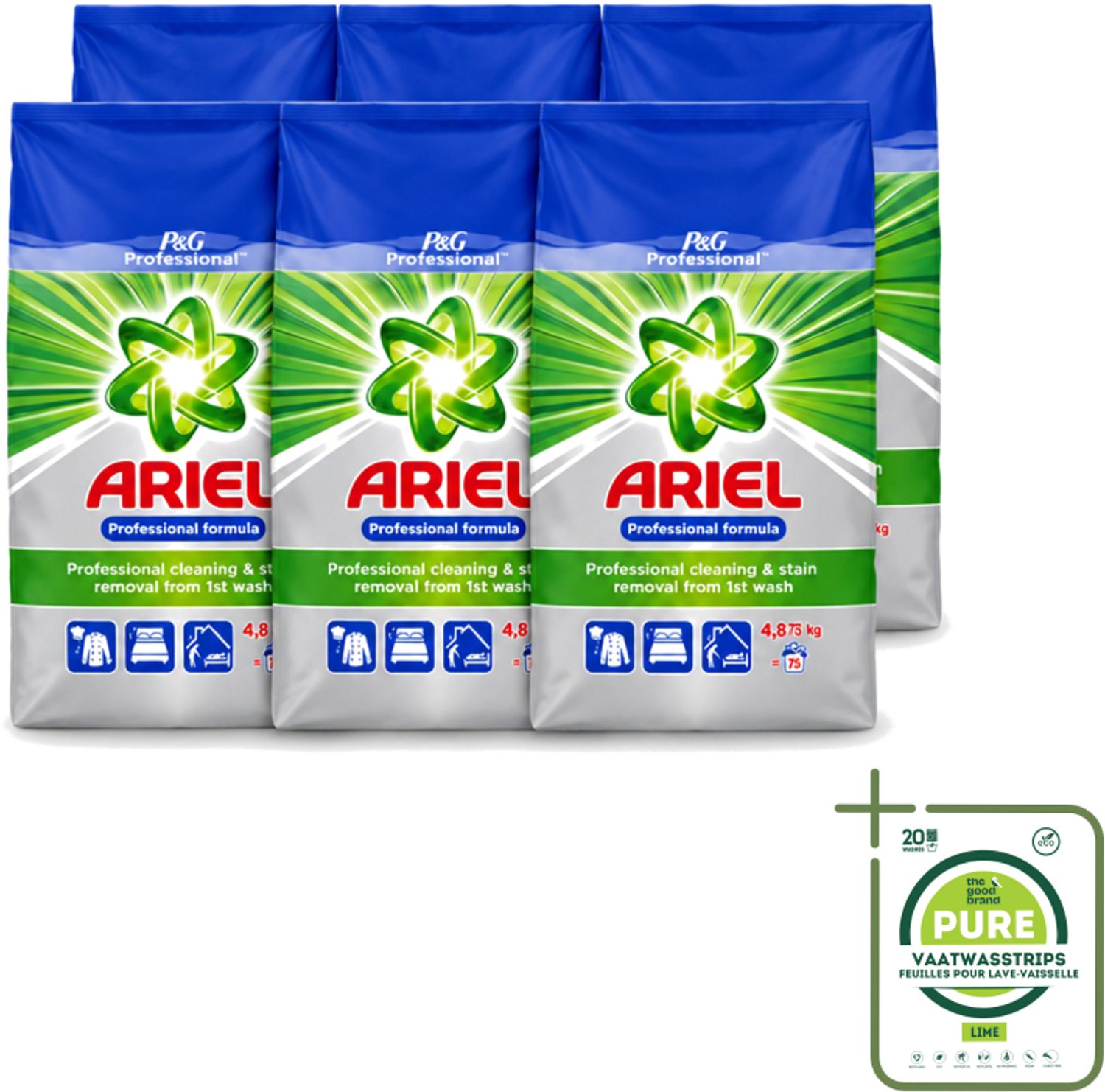 6 x Ariel – Waspoeder Professional – Original – 4,8 kg – 75 wasbeurten - Grootverpakking - Vaatwasstrips - Ariel Professional Waspoeder - 4.8 Kg Waspoeder - Professioneel Wasmiddel - Actilift Waspoeder - Waspoeder Voor Wit En Gekleurd Textiel
