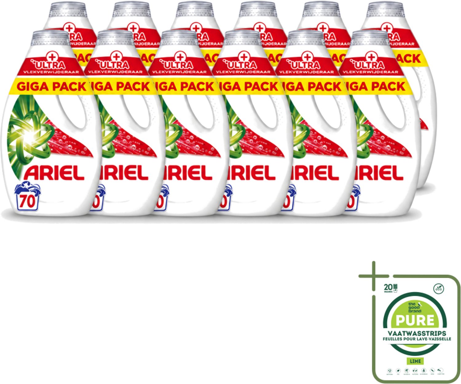12 x Ariel – Vloeibaar Wasmiddel – Ultra Vlekverwijderaar – 3150 ml – 70 wasbeurten - Grootverpakking - Vaatwasstrips - Vlekverwijderaar - Wasmiddel - Enzymen - Koud Wassen - Ingedroogde Vlekken