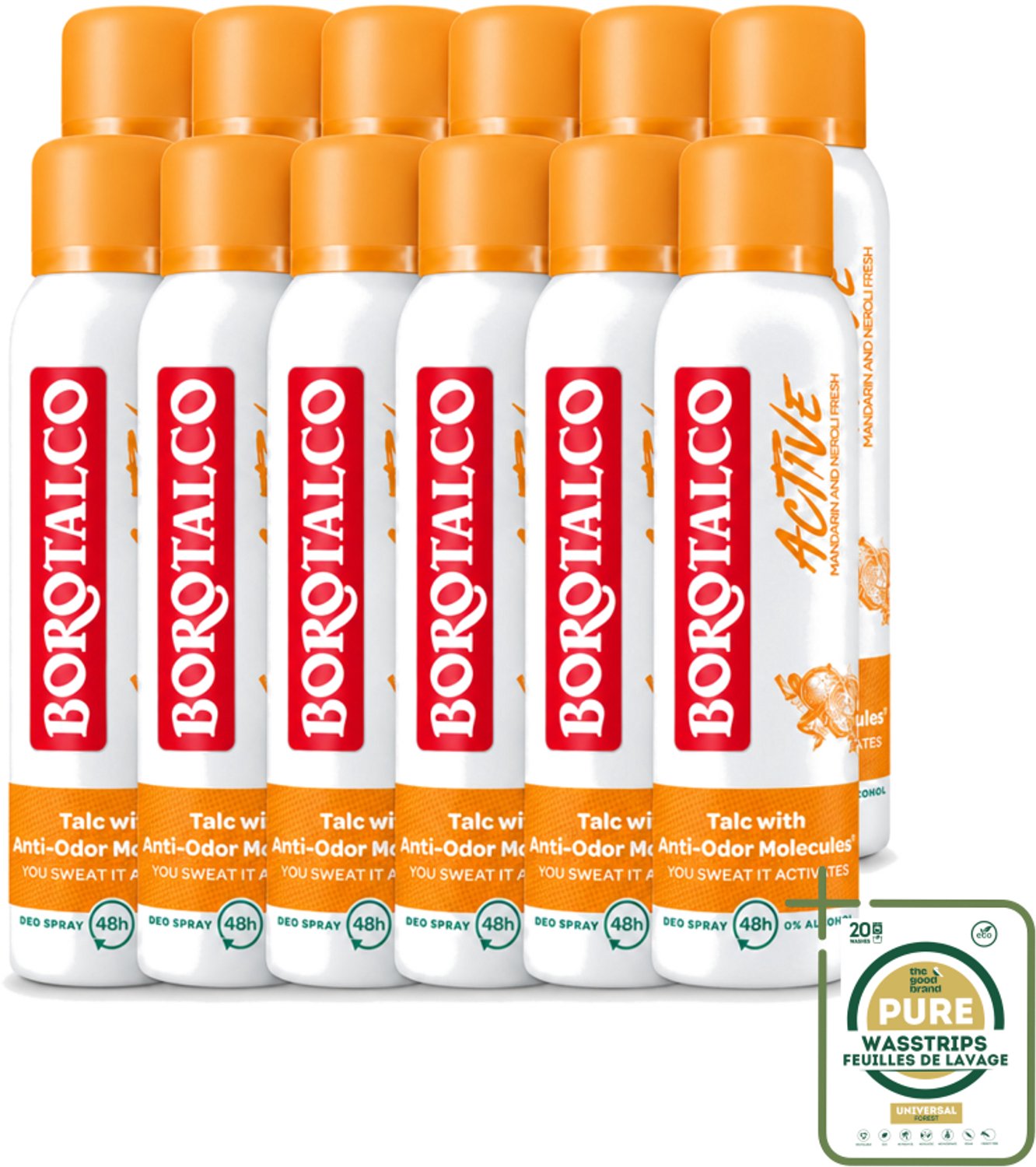 12 x Borotalco - Deodorant Spray - Active - Mandarin & Neroli Fresh - 0% Alcohol - 150 ml - Wasstrips - Deodorant Spray - Mandarijn En Neroli - Geur - Transpiratie - Geurvervoeging