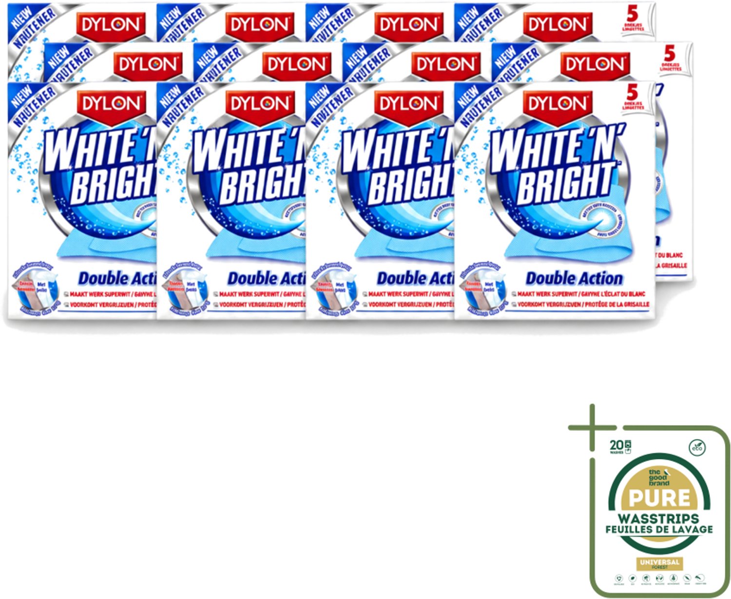 12 x Dylon - Vlekverwijderaar - White & Bright - Superwit & Vlekkeloos - 5 Doekjes - Wasstrips - Wit Maken Kleding - Vlekverwijderaar - Wit Textiel - Koffievlek - Theevlek