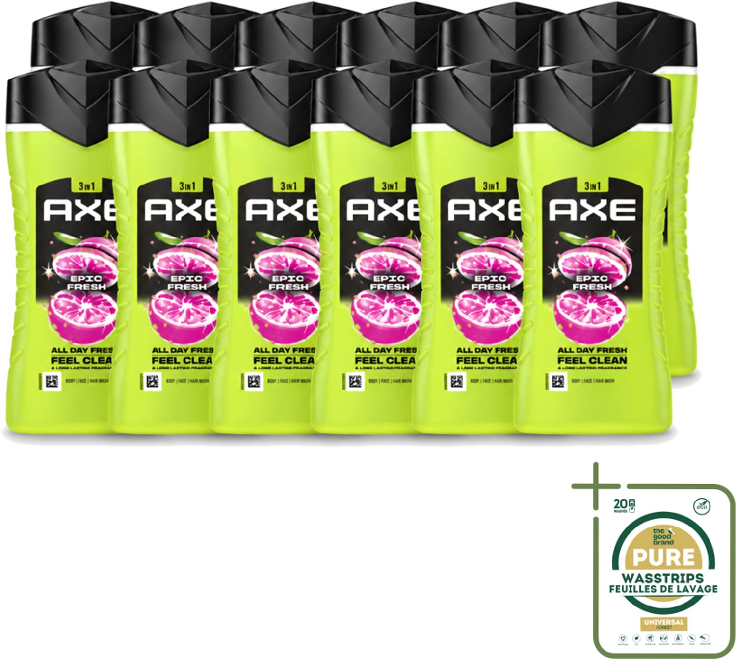 12 x Axe - 3-in-1 Douchegel - Epic Fresh - Grapefruit & Tropical Pineapple - Fresh Boost - 250 ml - Wasstrips - Douchegel - Frisheid - Geur - Lichaam - Gezicht