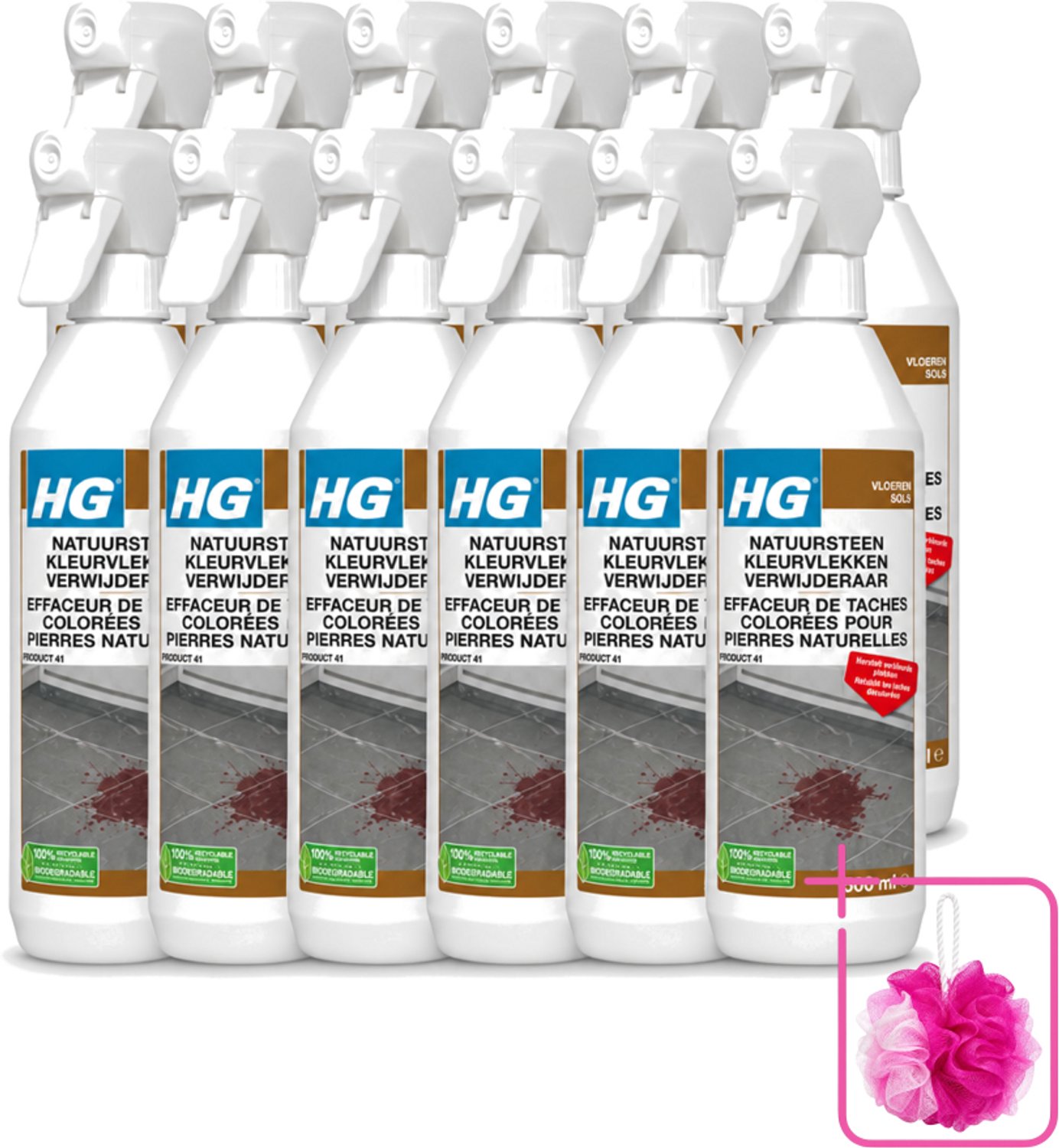 12 x HG - Natuursteen Kleurvlekken Verwijderaar - Hersteld Verkleurde Plekken - 500 ml - Bulkverpakking - Natuursteen vlekkenverwijderaar - Douchemop - Vlekken verwijderen