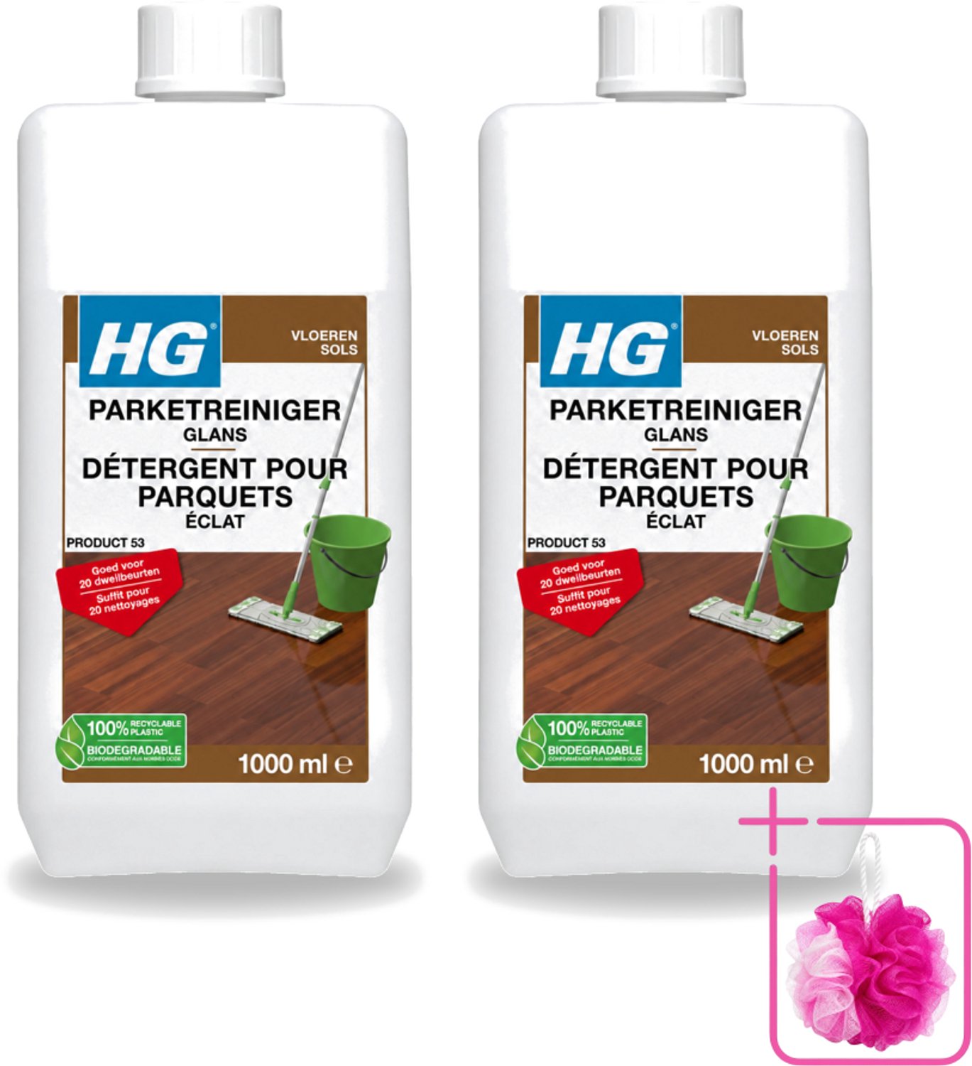 2 x HG - Vloeren - Parketreiniger Glans - 20 Dweilbeurten - 1L - Bulkverpakking - Parket reinigen - Douchemop - Parket glans herstellen