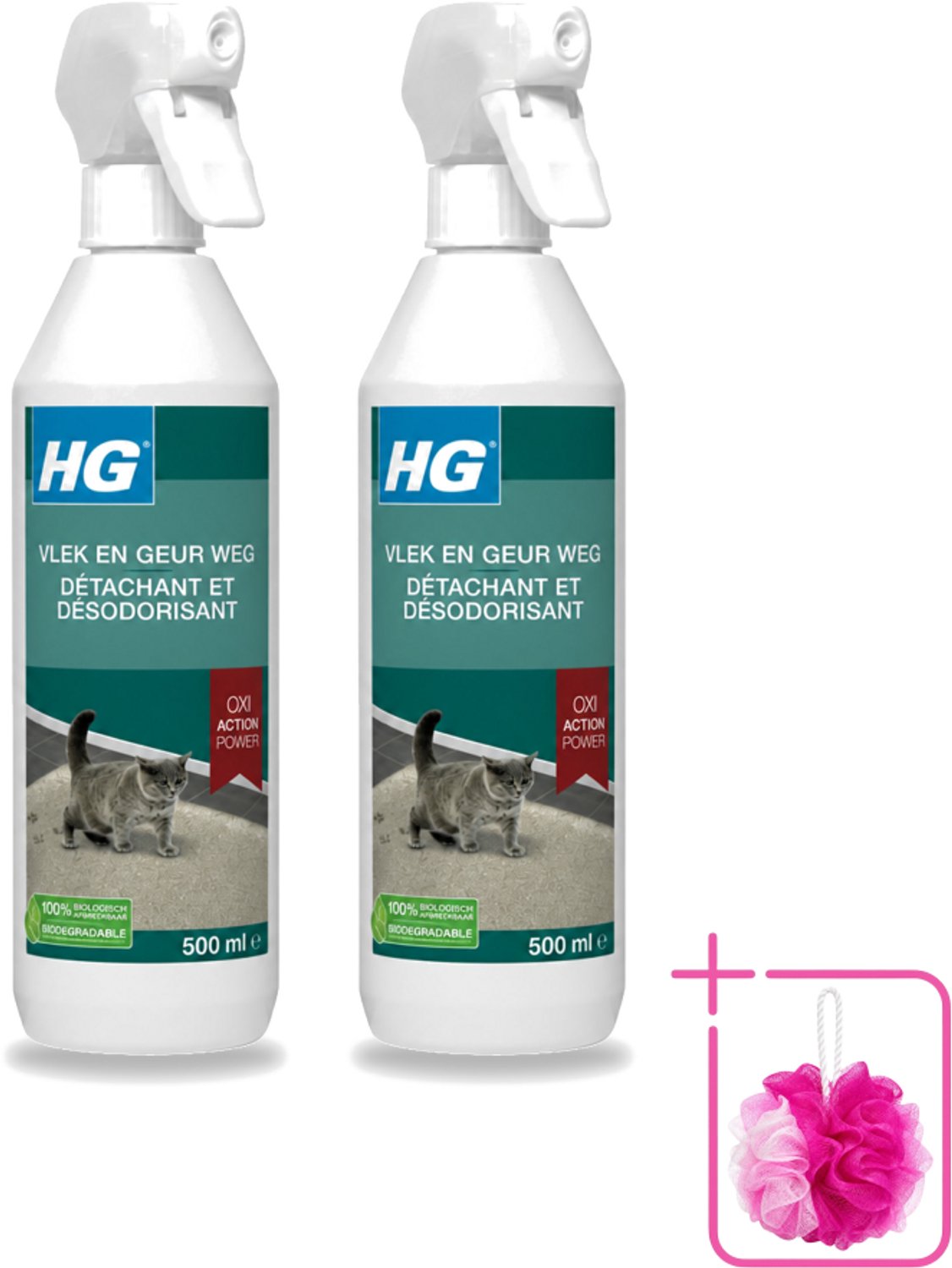 2 x HG - Vlek & Geur Weg - Tegen Kattengeuren- Oxi Action Power - 100% Biologisch - 500 ml - Bulkverpakking - Vlek verwijderen - Douchemop - Geur weg