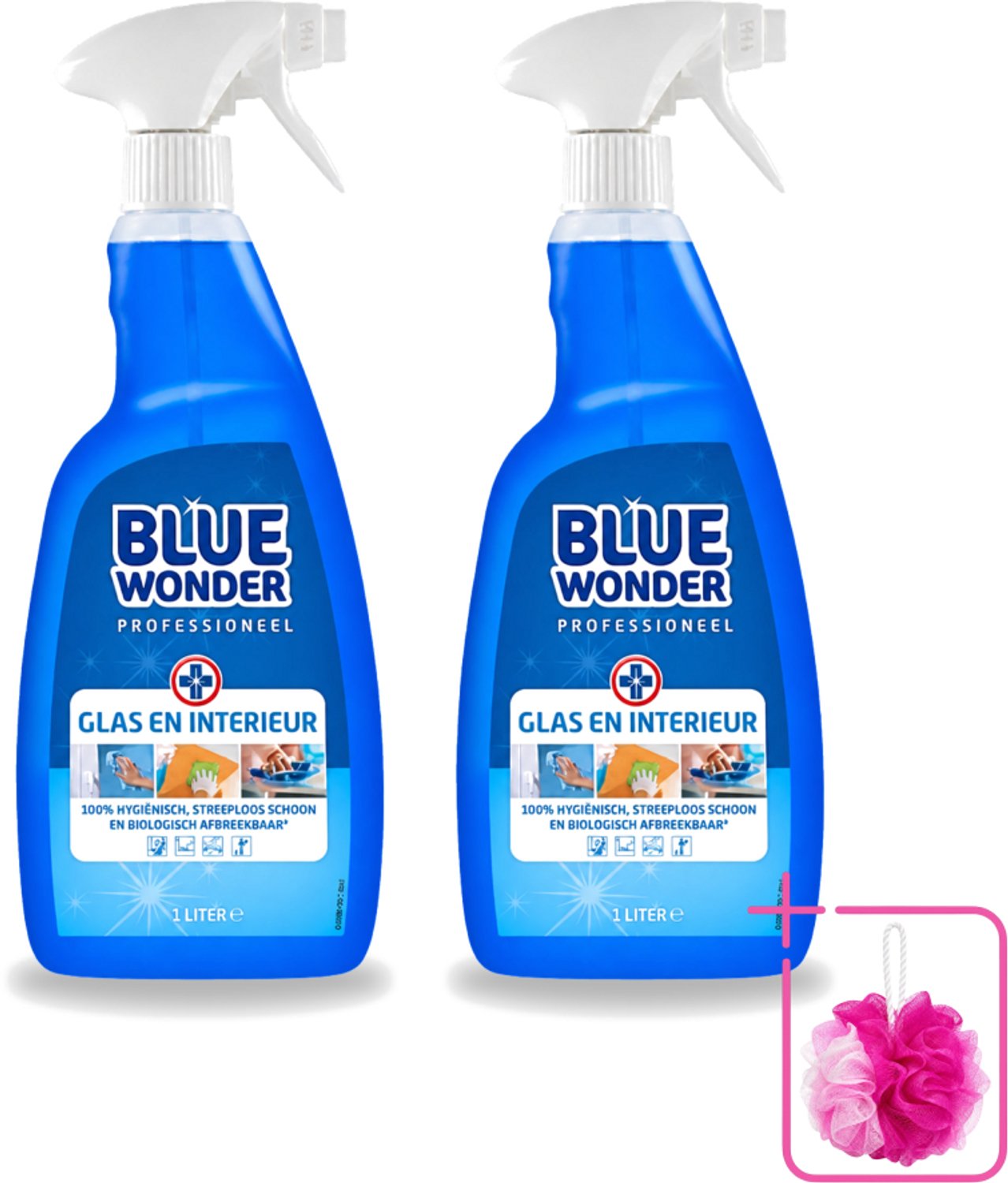 2 x Blue Wonder - Professionele Glas & Interieur Spray - Streeploos Schoon - 1 Liter - Bulkverpakking - Glas reinigen - Douchemop - Interieur reinigen