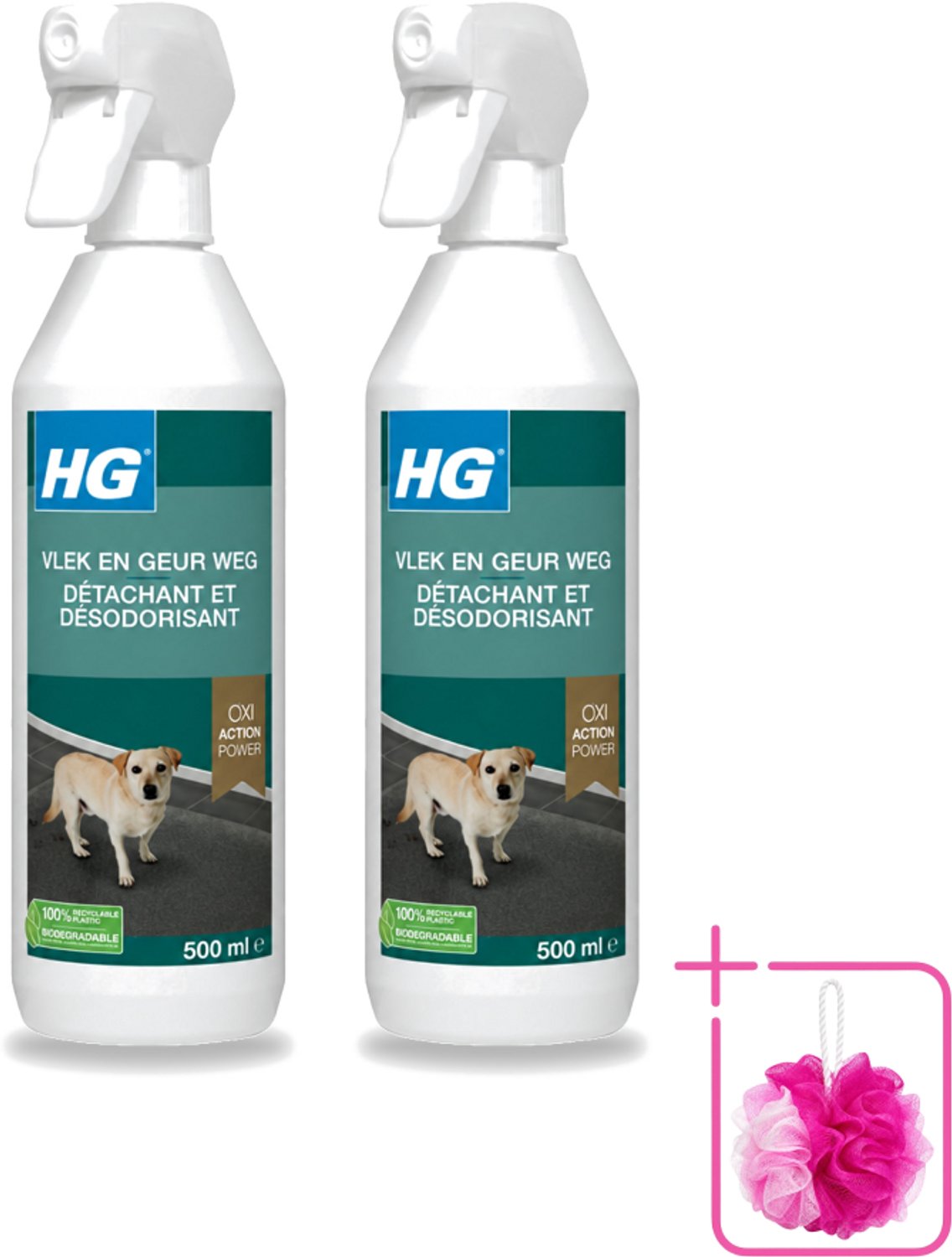 2 x HG - Vlek & Geur Weg Spray - Hond - Oxi Action Power - Hardnekkige Werking - 500 ml - Bulkverpakking - Hondvlek weg - Douchemop - Hondgeur weg