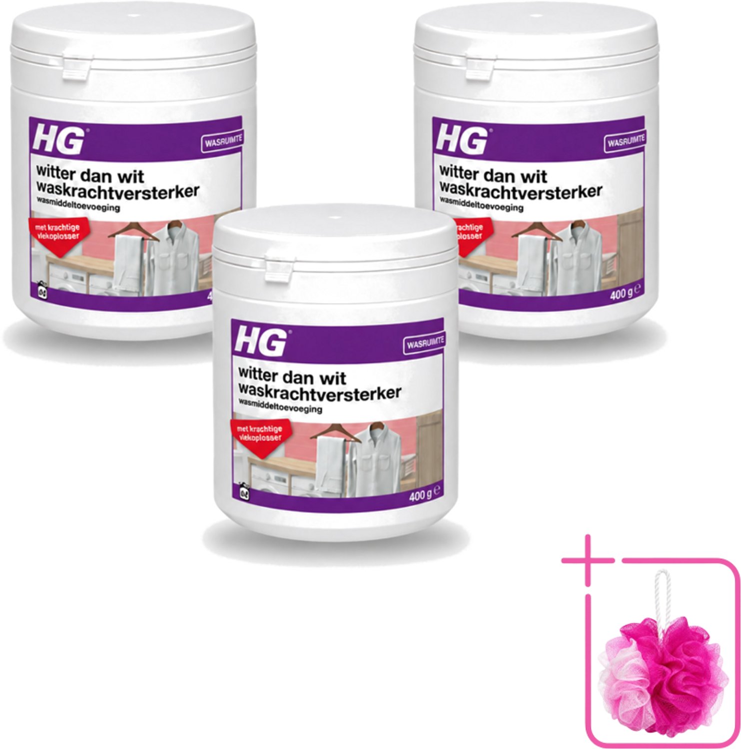 3 x HG - Wasruimte - Witter Dan Wit - Wasmiddeltoevoeging - 400 g - Bulkverpakking - Wit textiel - Douchemop - Wasmiddel