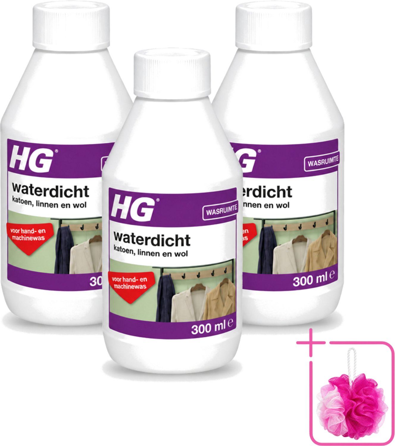 3 x HG - Wasruimte - Waterdicht Katoen, Linnen & Wol - Voor Hand & Machine Was - 300 ml - Bulkverpakking - Waterdicht textiel - Douchemop - Vuilafstotend textiel