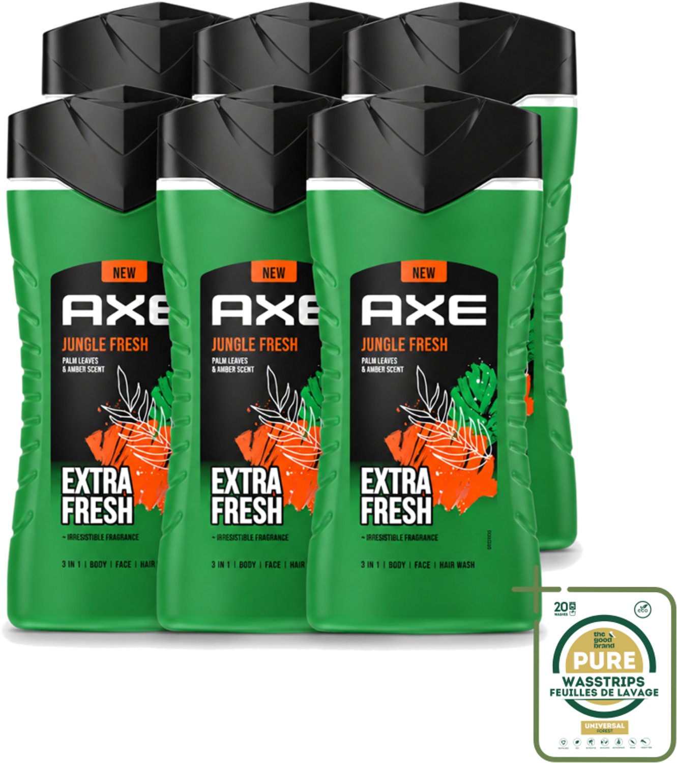 6 x Axe - 3-in-1 Douchegel - Jungle Fresh - Palm Leaves & Amber - Extra Fresh - 250 ml - Wasstrips - Douchegel - Lichaam - Gezicht - Haar - Frisheid