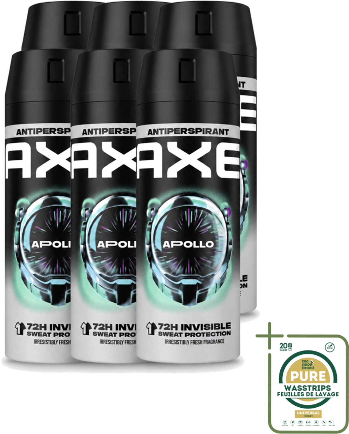 6 x Axe - Deodorant Spray - 72hrs Anti Sweat - Apollo - 150 ml - Wasstrips - Anti Transpirant Spray - Zweetbestendig - 72 Uur Bescherming - Geur Groen Fruit - Geur Sandelhout
